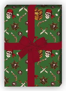 Cooles Seeräuber Geschenkpapier mit Totenkopf, Säbel und Schatzkiste, grün  - G8663, 32 x 48cm