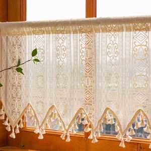 Scheibengardine Boho Vintage Spitze Bistrogardine mit Quaste Landhausstil Kurze Vorhang für Küche Wohnzimmer Schlafzimmer, BxH:132x45cm