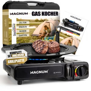 Magnum® Gaskocher - robuster Campingkocher mit Grillplatte – Gaskocher mit Kartusche 1-flammig – Campingkocher stufenlos regulierbar mit Piezozündung