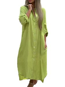 Damen Sommerkleider Langes Kleider Reverskragen Einfarbig Maxikleider Strandkleid Grün,Größe 3XL