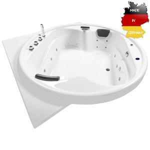 Basera BASIC Indoor Podest-Whirlpool Badewanne XXL Gomera mit Ecke 186 x 186 cm, 18 Massagedüsen, Wasserfall, LED-Ambiente