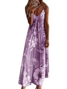 Damen Sommerkleider Blumenmuster Langes Kleid Boho Rüschen Spaghettiträger Maxikleid Violett,Größe:3XL