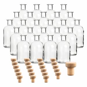 gouveo 24er Set Glasflaschen 250 ml Apotheker mit Holzgriff-Korken - Kleine Flasche 0,25 l zum Befüllen und Verschenken - Flasche für Likör, Schnaps, Öl, Essig