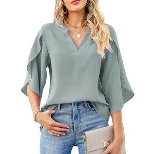 Damen T-Shirt 3/4-Ärmel Chiffon Tops Sommer Lose Elegantes Bluse Einfarbig Oberteile Grau,Größe:XL