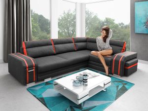 Ecksofa Wohnzimmer – Wohnlandschaft mit Hocker und Minibar - L-form Couch mit Schlaffunktion - Gemütlich Schlafsofa - AVATAR - Grau und Rot