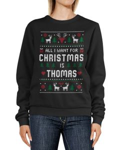 Sweatshirt Damen All I want for Christmas Weihnachten Wunschname Text-Zeile personalisierbar Ugly Sweater Pullover Moonworks®  schwarz M