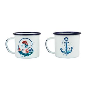 Anemoss Marine Collection Sailor Girl & Anchor Emaille Tassen, 2er Set, Camping Tasse, 350 ml Emaillebecher, Kaffeetasse für Outdoor und Camping, Maritimes Design