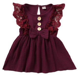 Baby Mädchen Einfarbig Spitzen Ärmellos Kleid Bogen BeiläUfiges Strand Kleid Gr.12-18 Monate Weinrot