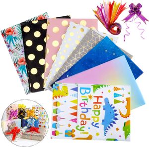8 Stück Geschenkpapier 70 x 50 cm mit 12 Stück bunte Schleifen für jede Anlass, Geburtstag, Hochzeit, Baby, Kinder, Halloween, Weihnachten und mehr