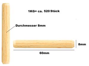 Holzdübel Riffeldübel 8x60mm  Menge: 1kg (1kg = ca. 520 Stück Holzdübel) Durchmesser 8mm