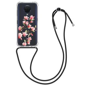 kwmobile Necklace Case kompatibel mit Nokia G20 / G10 Hülle - Silikon Cover mit Handykette - Rosa Weiß Transparent Magnolien