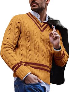 Herren Sweatshirts Langarm Gestrickt Sweaters Loungewear Farbblock Jumper Tops Gemütlicher Gestreifte Pullover, Farbe:Gelb, Größe:Xl
