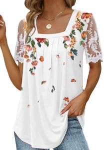 Damen Spitze Patchwork Kurzärmeliges T-Shirt Lässig Bedrucktes Hemd Mit Quadratischem Ausschnitt Weiße Blumen,Größe M