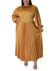 Damen Blusenkleider Falten Maxikleid Langarm Rundhals Einfarbig Oversized Kleider Party Gold,Größe 4XL