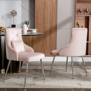 Flieks Čalouněná židle sada 6 kusů s bederním polštářem, jídelní židle toaletní židle s kovovými nohami, židle do obývacího pokoje ložnice, sametová, růžová