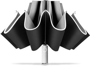 Windabweisender Reiseschirm: Kompaktes, umgekehrtes (Invertiertes) Design mit reflektierendem Streifen für Sonnen- und Regenschutz für Frauen und Männer, Grau