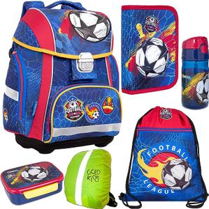 Schulranzen Football Fußball Schulranzen-Set Kinderrucksack, Federmappe, Schuhbeutel, Trinkflasche, Brotdose, Regenschutz Motivdruck Fußball 6-teilig