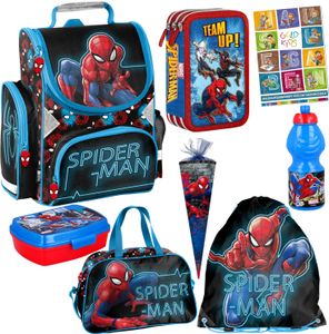 Spiderman Schulranzen ergonomischer Ranzen Federmappe Turnbeutel Trinkflasche Brotodose Zuckertüte Sporttasche Aufgabenheft für die Grundschule 8er Set Lizenzartikel Marvel Spiderman