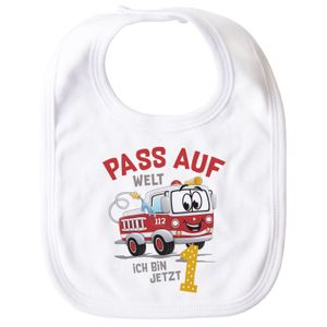 Baby Lätzchen 1. Geburtstag Feuerwehr-Auto Pass auf Welt ich bin jetzt 1 für Jungen / Mädchen Baumwolle MoonWorks® weiß unisize