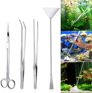 4 Stück Aquarium Aquascaping Kit Edelstahl Pinzette und Scheren Spatel Werkzeug Satz für Aquarien Pflanzen