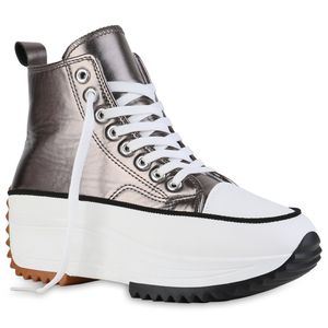 VAN HILL Damen Plateau Sneaker Metallic Schnürer Profil-Sohle Schuhe 840558, Farbe: Grau Metallic, Größe: 39