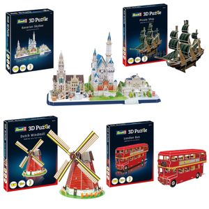 Sparangebot: 4 x Revell 3D Puzzle-Set Windmühle-Bus-Piratenschiff-Skyline