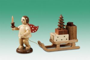 Holzfigur Weihnachtsengel mit Schlitten natur ohne Krone Höhe 6,5cm NEU