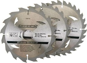 Silverline Hartmetall-Kreissägeblätter, 16, 24 u. 30 Zähne, 3er-Pckg. 160 x 30, Reduzierstücke: 20, 16 und 10 mm