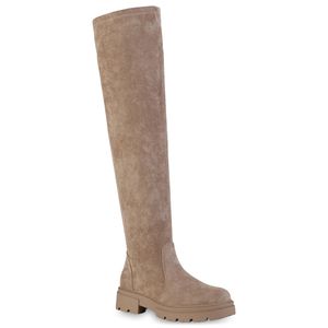 VAN HILL Damen Stiefel Overknees Plateau Vorne Profil-Sohle Schuhe 839458, Farbe: Schlamm, Größe: 39