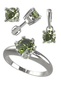 Sada stříbrných šperků, prsten, náušnice a přívěsek s kulatým českým moldavitem, Vltavín