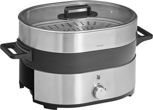 WMF Lono Hot Pot & Dampfgarer elektrisch 3,6l, chinesisches Fondue für 6 Personen, Dampfaufsatz für Dim Sum, Bao, Garkörbchen, 1700W, edelstahl matt