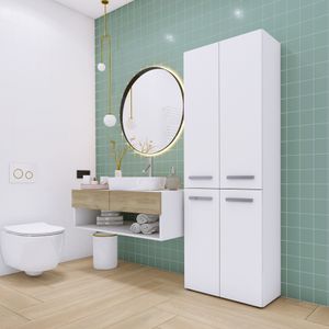 3xEliving Badezimmerschrank Bagnoli - Standschrank mit fünf Einlegeböden und einem Wäschekorb, Badezimmersäule, Ablage, weiß, T: 30 cm, H: 174 cm, B: 60 cm