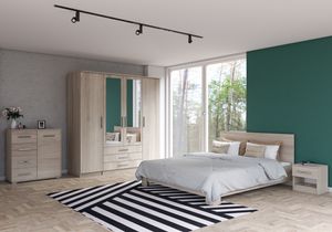 Schlafzimmer 5-teilig mit Kleiderschrank Doppelbett Kommode 2 Nachttischen in Eiche von Polini Home