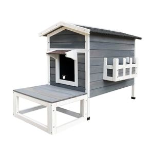 Wiltec Wetterfestes Katzenhaus 73,5 x 48 x 104,5 cm aus Holz, Katzenhütte Outdoor, Lodge Katzenhöhle mit Terrasse und Fluchttür