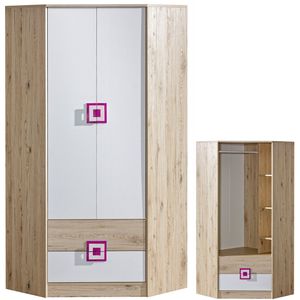 Furniture24 Eckkleiderschrank NICO 02, Eckschrank, Drehtürenschrank, Schrank mit 2 Schubfächern, 3 Einlegeboden und Kleiderstange Hell Eiche/Weiß/Rosa