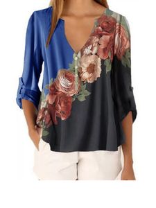 Damen-Blumen-Chiffon-Hemd Mit V-Ausschnitt Und Lässigem Button-Top,Farbe: Blau,Größe:M