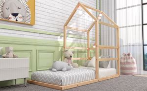 Flieks Kinderbett Kiefernholzbett Hausbett Einzelbett mit Lattenrost, 90x200cm ohne Matratze