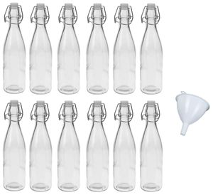 Leere Glasflasche 0,5 Liter inkl. Trichter Flasche 500ml Bügelverschluss Wasserflasche Flaschen aus Glas zum selbst befüllen, Stückzahl:12x