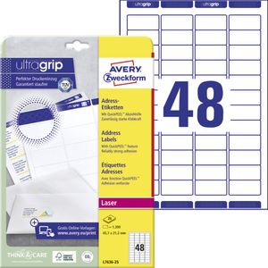 Avery Zweckform L7636-25 Adress-Etiketten, A4 mit ultragrip, 45,7 x 21,2 mm, 25 Bogen/1.200 Etiketten, weiß