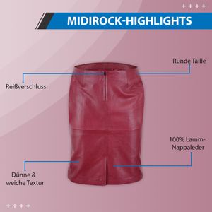 Trendiger Midi Lederrock aus Lammnappa Business Rock echtleder, Größe:40, Farbe:Weinrot