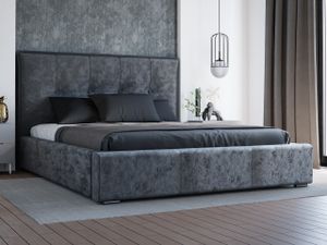 Moderní čalouněná postel GRAINGOLD 200x200 cm Valencia - manželská postel s roštovým rámem, velurovou látkou a zásuvkou - jedinečné čelo - tmavě šedá (Eureka 2135)