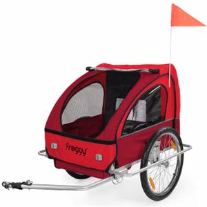FROGGY Kinder Fahrradanhänger mit Federung + 5-Punkt Sicherheitsgurt, Anhänger für 1 bis 2 Kinder, Design Cherry