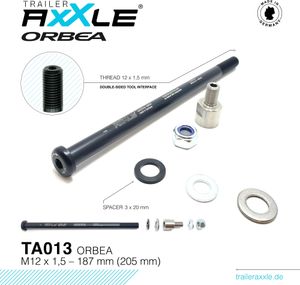 RADOXX Trailer AxXle TA013 oś przelotowa M12x1.5 12x148 Boost 205mm do Orbea Occam/Rise/Wild od 2020 - certyfikat wyprodukowano w Niemczech RADOXX Trailer AxXle TA013 oś przelotowa M12x1.5 12x148 Boost 205mm do Orbea Occam/Rise/Wild od 2020 - certyfikat wyprodukowano w Niemczech