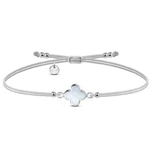 Armband Silber Kleeblatt Perlmutt -   ◦ Makramee-Faden Farbe Silberschimmer / silber