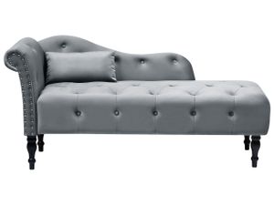 BELIANI Chaiselongue Linksseitig Grau Samtstoff mit Kissen Hohe Rückenlehne Armlehnen Gedrechselte Holzfüße Nieten Knöpfe Retro Chesterfield Stil