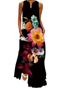 Sommerkleider Damen Ärmellos Strandkleid Blumen Leichte Lässige Tank Kleid mit Taschen Schwarz,Größe 5XL