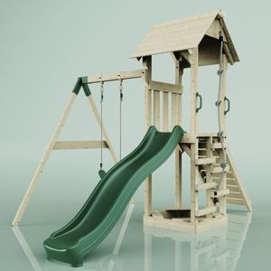 Rebo Spielturm mit Wellenrutsche und Kinder-Schaukel | Outdoor Klettergerüst Garten, Ausführung: Kinderschaukel, Farbe: Smaragdgrün