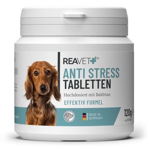 REAVET Anti-Stress Tabletten für Hunde 120 Stück – Hochdosiert mit Baldrian – Natürliches Beruhigungsmittel für Hunde, gegen Angst, zur Beruhigung, Anti Stress und für mehr Gelassenheit