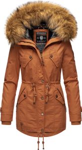 Marikoo La Viva Princess Eleganter Damen Winter Parka mit Kapuze und Kunstpelzbesatz Wintermantel Vegan Rusty Cinnamon Gr. 36 - S