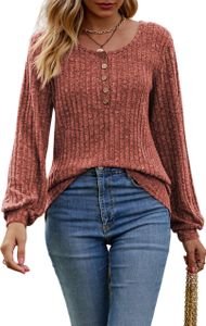 ASKSA Damen Langarmshirt Rundhals Knoepfen Rippstrick Strickpullover Oberteile Tunika Tops Pullover, Ziegelrot, S